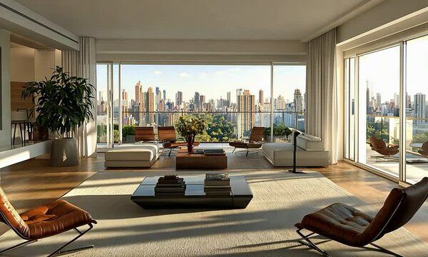 Art Moderne living room with sleek furniture, bold geometric patterns, and a panoramic view of a city skyline