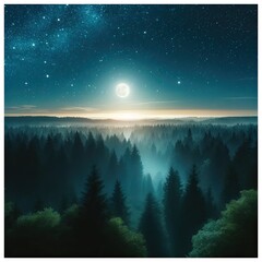 Fototapeta premium Mystical view of a moonlit forest with dense trees under a star-filled night sky, creating a serene and enchanting atmosphere with subtle mist rolling over the treetops