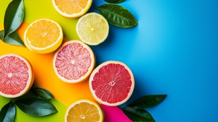 Vibrant citrus fruit halves on colorful background