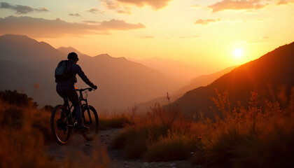 Fototapeta premium A lone cyclist riding on a mountain trail at sunset, capturing the serenity and adventure of outdoor exploration