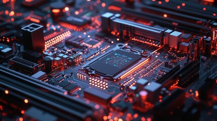 Obraz premium Close-Up of a Motherboard with Glowing Red LED Lights