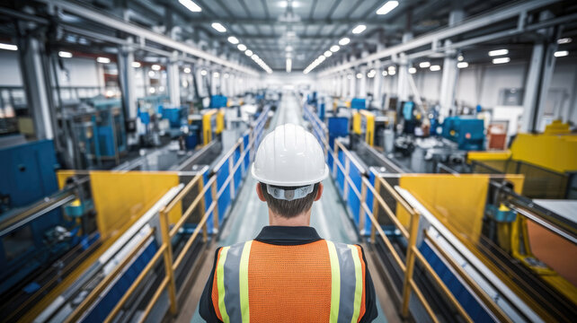 A man in a hard hat stands on a platform in a factory. The man is wearing a safety vest and is looking down at the floor. Concept of caution and safety in the workplace