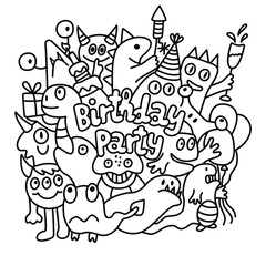 Birthday Party coloring page with monsters.Line drawn characters,text,balloons, cake and gift.Graphic card in black on white background.Vector design for printing .Funny doodle illustration.  