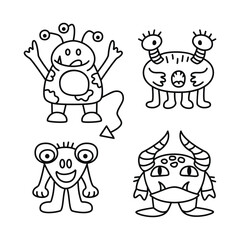 Monsters coloring page.Set of alien characters drawn with lines.Graphic objects isolated on white background.Vector designs for use in card,poster,banner template,stickers.Print on fabric and paper.
