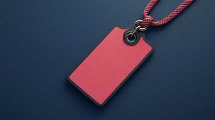 Fototapeta premium Blank Red Tag with Rope on Navy Blue Background: A simple, elegant, and versatile image for your marketing and branding needs. This blank tag, complete with a rope hanger.