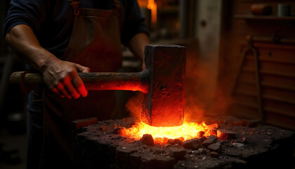 A scene in a forge where hot steel is being shaped with large hammers, showcasing traditional metalworking