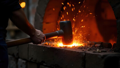 A scene in a forge where hot steel is being shaped with large hammers, showcasing traditional metalworking