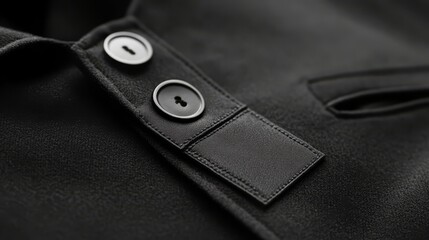 Black Leather Polo Shirt Detail: Closeup of a black leather polo shirt with button closure and a small patch pocket.