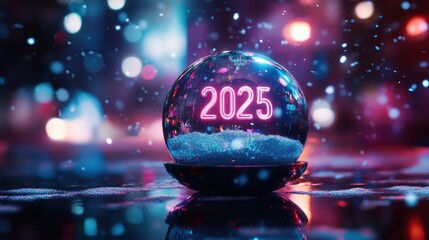 Holographic snow globe displaying '2025' in vivid neon, with gentle digital snowflakes swirling inside, set on a dark reflective surface for a futuristic holiday atmosphere.