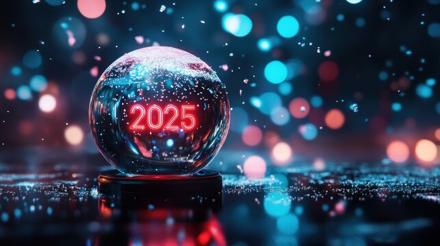 Holographic snow globe displaying '2025' in vivid neon, with gentle digital snowflakes swirling inside, set on a dark reflective surface for a futuristic holiday atmosphere. - Powered by Adobe