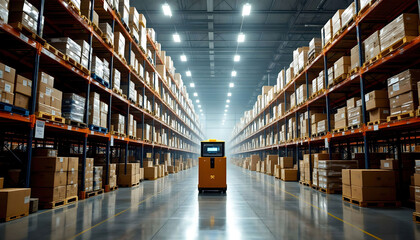 Warehouse with shelves, drones, and automated transport carts, showcasing modern logistics and automation technology