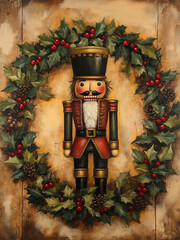 Nutcracker Christmas Vintage Oil Painting with Wreath and Holly Leaves