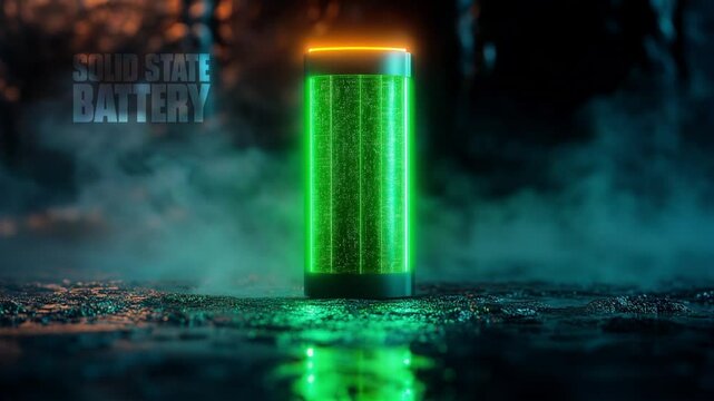 This futuristic image depicts a solid-state battery as a symbol of advancement in energy storage technology. Its luminous green appearance in a dark setting represents hope for a clean and sustainable