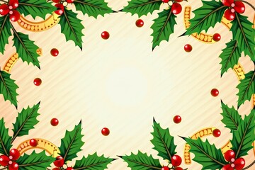 Christmas holly border with berries on beige background