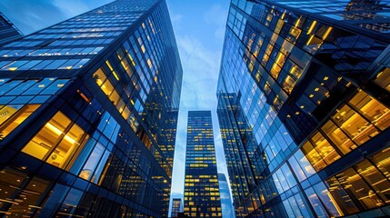 A low angle view of illuminated skyscrapers in a city at dusk, showcasing modern architecture and urban development.