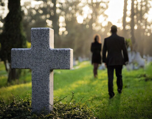 Ein Paar entfernt sich vom kleinen Kreuz am Friedhof in tiefer Trauer. Das Paar bleibt voneinander auf Distanz.