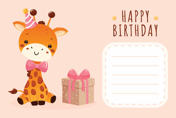 Happy Birthday postcard design with cute giraffe and copy space place for text