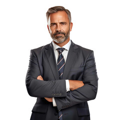 Middle-aged male business executive standing with arms crossed isolated on transparent background