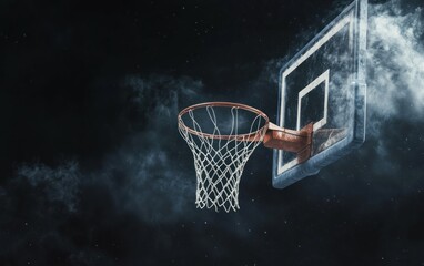 basketball going to the net in basketball game, black background
