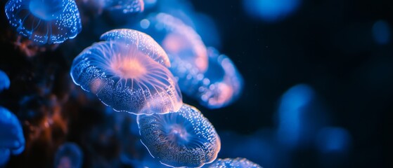 Obraz premium Glowing jellyfish drift ethereally in deep blue waters, their translucent bodies shimmering under mystical bioluminescent light.