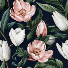 Elegant botanical illustration featuring delicate pink and white tulips with lush green leaves, dark background floral art concept