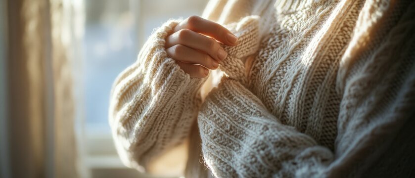 A cozy knitted sweater encircles a person, capturing warmth and comfort in its intricate patterns under soft, wintry light.