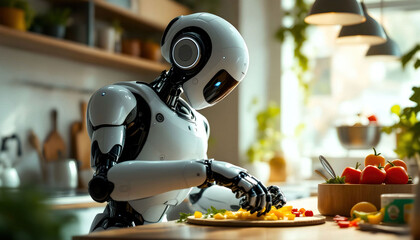 Fototapeta premium A robot assisting with daily tasks like cooking and cleaning, demonstrating the integration of AI and technology into everyday life for convenience and efficiency.