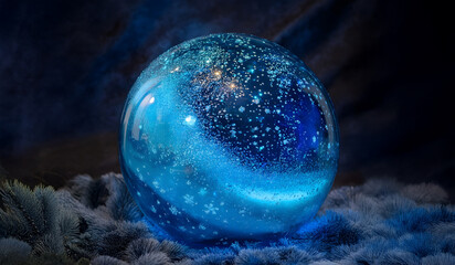 Mystical Blue Sphere With Sparkling Snowflake Design. A captivating blue sphere displays a swirling galaxy of tiny sparkling snowflakes.