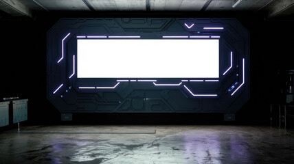 Obraz premium A large, empty room with a white sign on the wall. The sign is surrounded by neon lights, giving the room a futuristic and industrial feel. The emptiness of the room