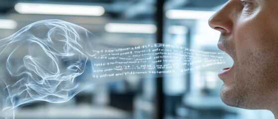 A man speaks digitally, his words transforming into binary code, illustrating the intersection of technology and communication.