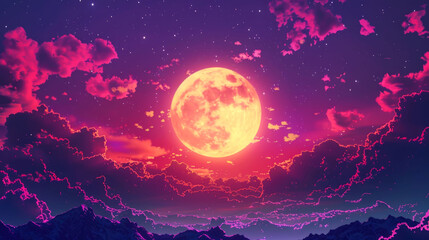 A large full moon glows brightly in the night sky, casting a warm orange light on the clouds below.