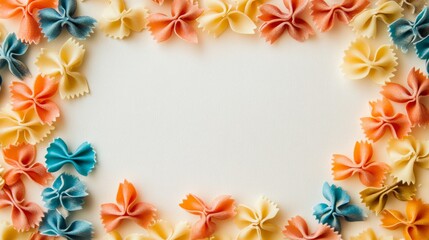 Obraz premium Colorful Pasta Frame: A vibrant arrangement of colorful bowtie pasta forms a captivating frame, perfect for showcasing your culinary creations or adding a touch of whimsy to your designs.