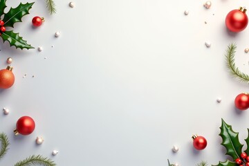Christmas ornaments and holly on white background