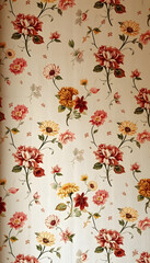 Old vintage wallpaper on the wall with a pattern of flowers, realistic