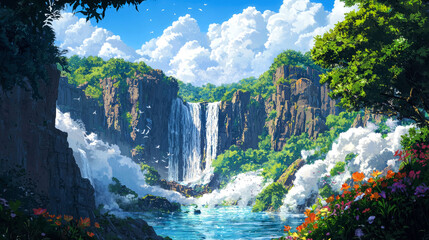 A large waterfall cascading down rocky cliffs with lush greenery and flowers in the foreground.