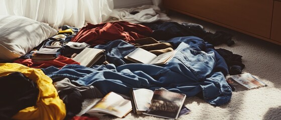 A messy pile of clothes and open books on a sunlit carpeted floor captures a moment of spontaneity and creative chaos in a cozy living space.