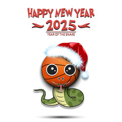 Happy New year. 2025 year of the snake. Cute muzzle snake in the form of a basketball ball. Basketball ball in the form of a snake. Greeting card design template. Vector illustration