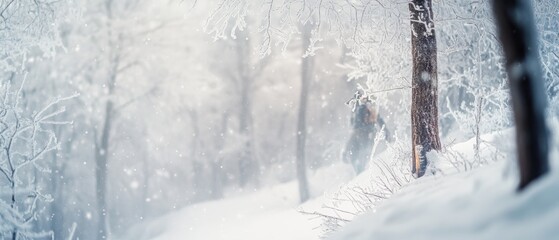 A serene snow-covered forest shrouds a lone figure in mist, embodying peaceful solitude and the enchanting silence of winter.