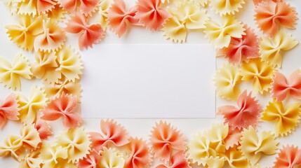Pasta Frame: A blank card surrounded by colorful bowtie pasta, creating a vibrant and inviting frame for your message. Perfect for culinary projects, recipes, and food-related announcements. 