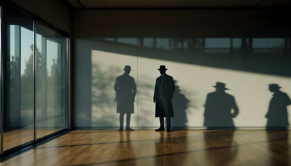 Fototapeta premium A modern scene with people in everyday settings, their shadows transforming into reflections of historical figures, blending the past and present.