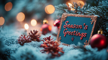 A snowy corporate greeting card with "Season’s Greetings" in a chic design and company logo