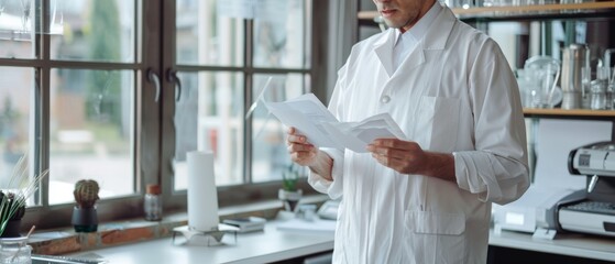A scientist in a lab coat reads intently in a modern laboratory, surrounded by glassware and notes, epitomizing focus and discovery.
