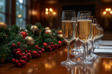 A conference room with festive decor, ready for a holiday toast with champagne flutes arranged on the table
