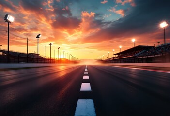 Fototapeta premium Golden Hour Race Track Scene with Dramatic Lighting and Smoke Effects