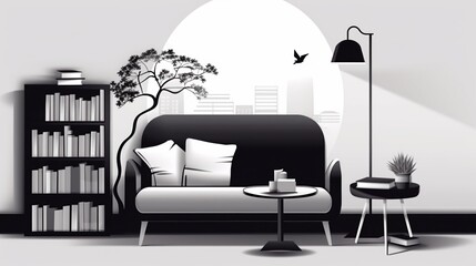 A minimalist living room with a black couch, a bookshelf, and a floor lamp.