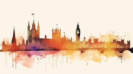 A watercolor illustration of the London skyline, featuring Big Ben and the Houses of Parliament.