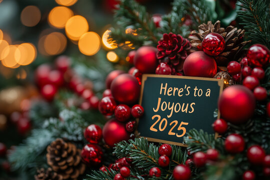 A corporate holiday greeting card with simple holly graphics and "Here’s to a Joyous 2025" message