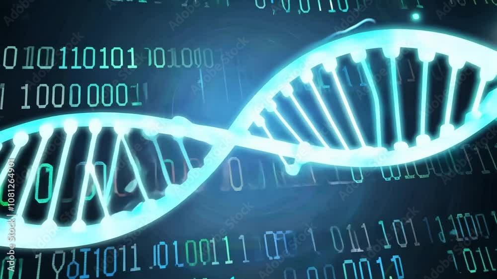 Poster spinning dna helix overlaying digital binary code background generative ai