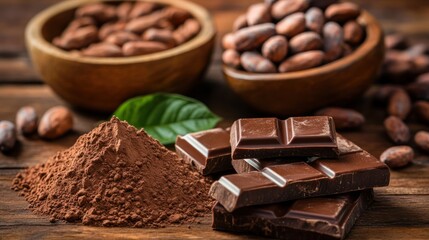 cacao powder and chocolate bar on wooden table