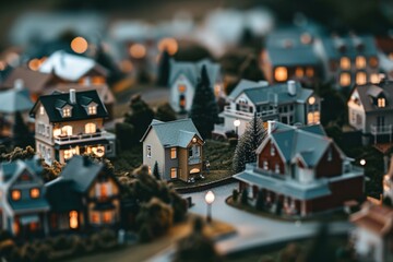 Obraz premium A charming miniature village scene lit warmly, resembling a nostalgic depiction of a cozy holiday evening in a small town.
